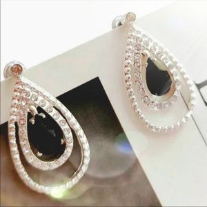 Silver and Black CZ Dangle Hoop Teardrop Earrings